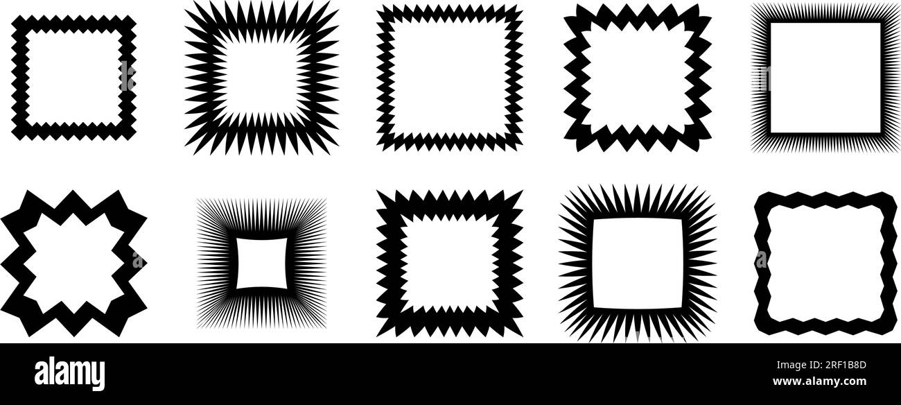 Zig zag edge square frames collection. Jagged shapes set. Black graphic