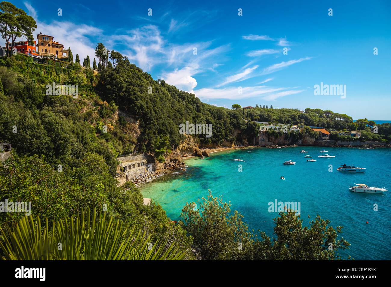 Anchored boats and yachts in the beautiful bay near Lerici, Liguria, Italy, Europe Stock Photo