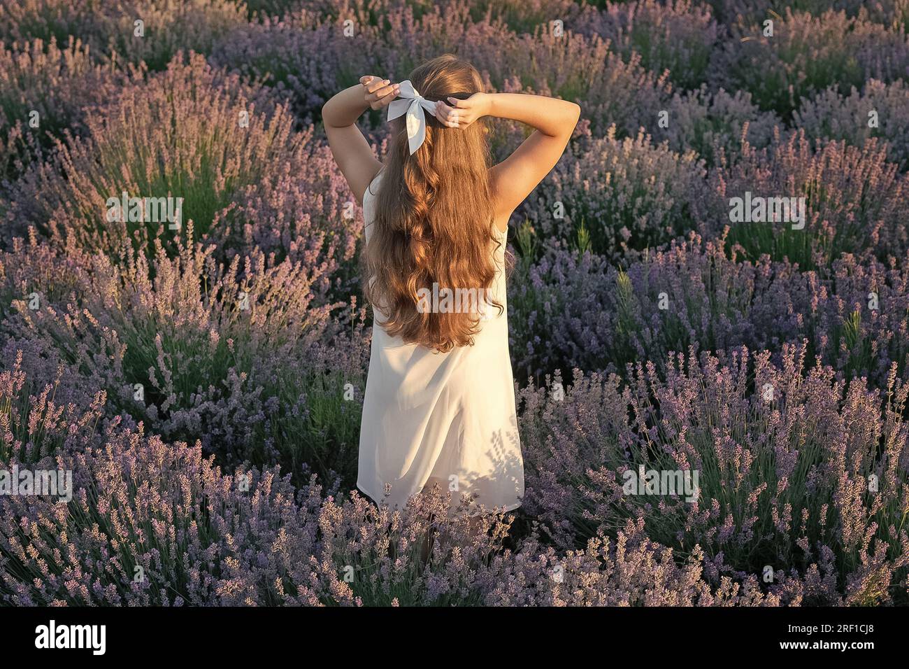 teen girl in lavender flowers with long hair outdoor. teen girl in ...