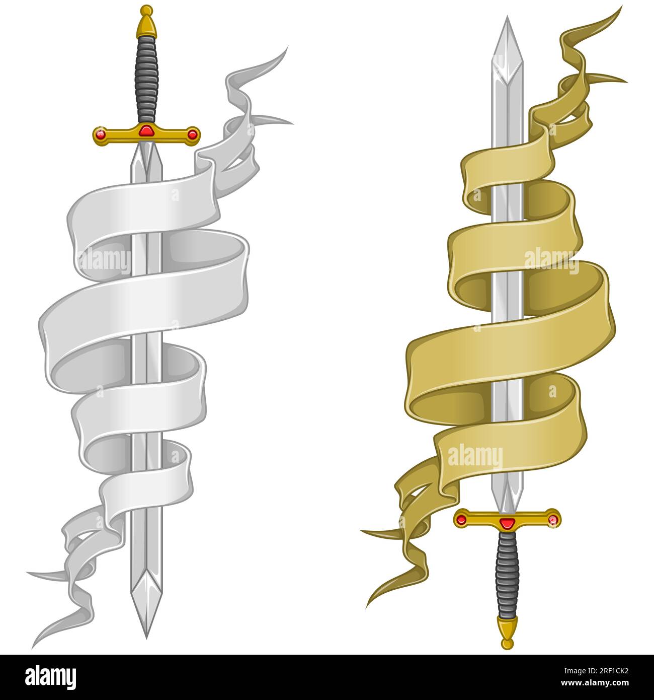 European medieval sword vector design,Ancient sword surrounded by heraldic ribbon Stock Vector