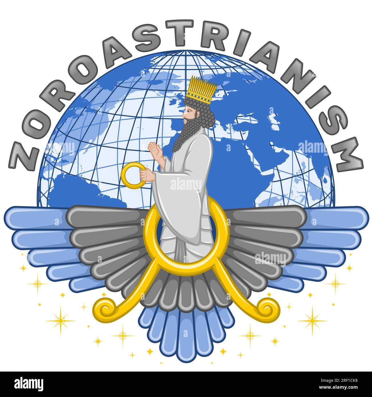 Zoroastrianism religious vector design, Faravahar Symbol with Ahura Mazda and planet earth Stock Vector