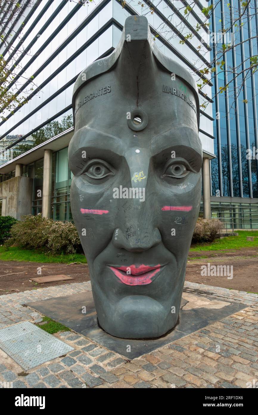 Large Face Portrait Metal Sculpture dedicated to the Merchant Seamen of Argentina. Graffiti Scared Monument at Puerto Madero, Buenos Aires Waterfront Stock Photo