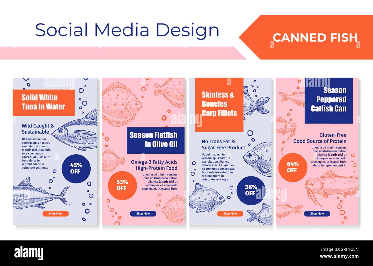 Canned fish marketing at template social media set Stock Vector Image