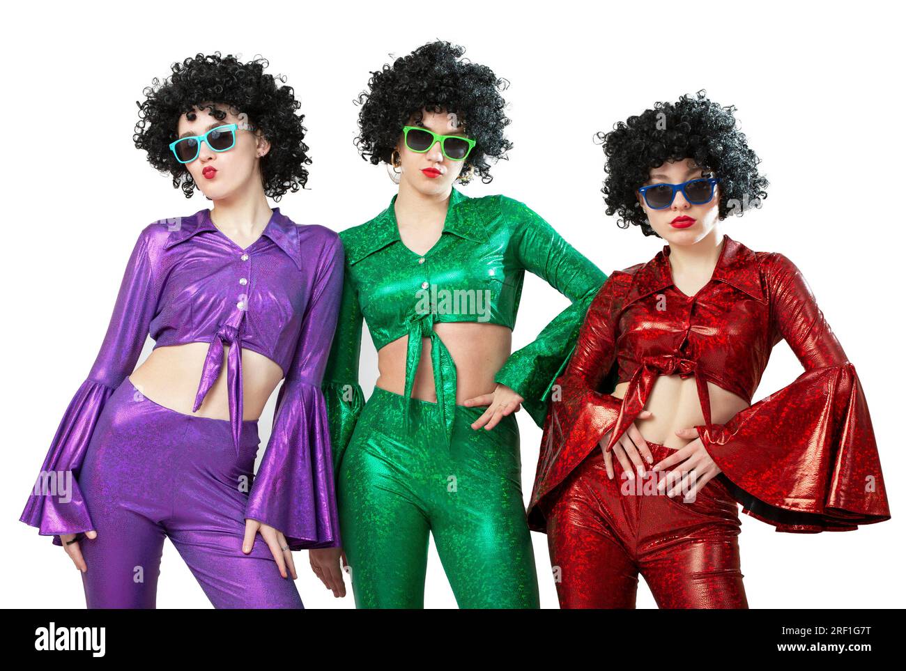 A group of disco girls in African American wigs and colorful