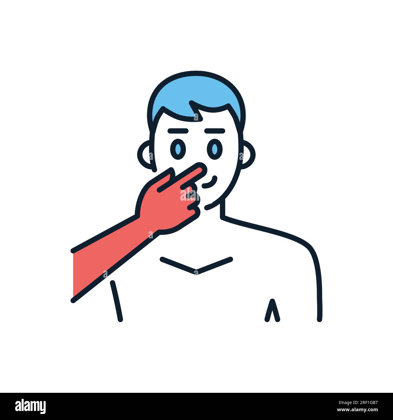 Avoid face touch related vector icon. Man touches face with finger