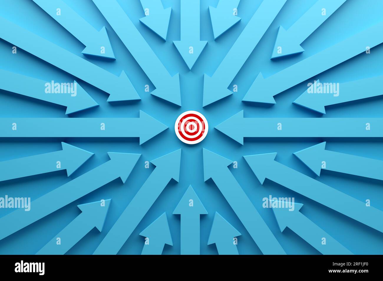 Business target goal setting and achievement. Blue arrows pointing towards the button with