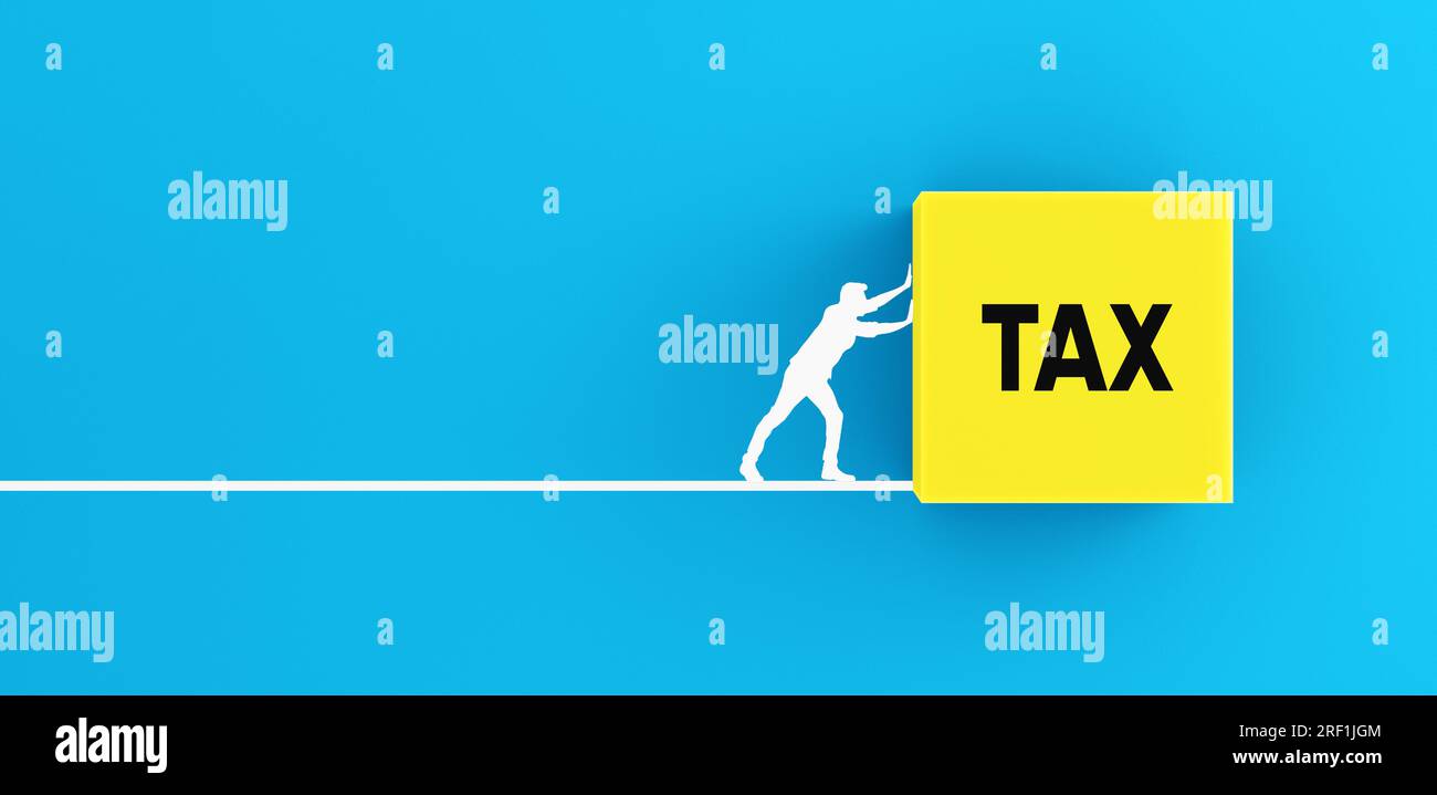 Tax burden concept. Taxation and financial budget problems. Silhouette of a man pushing the cube block with the word tax. Stock Photo