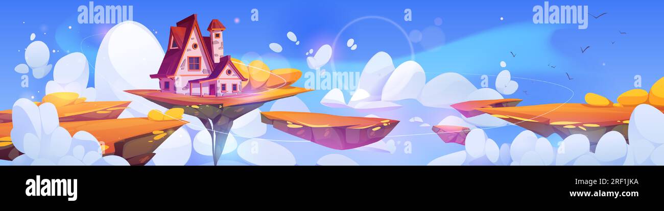 Fantasy house on floating island in autumn sky cartoon landscape. Magic fairytale rock platform flying high in cloud with small hut building nature ui vector concept for videogame environment. Stock Vector