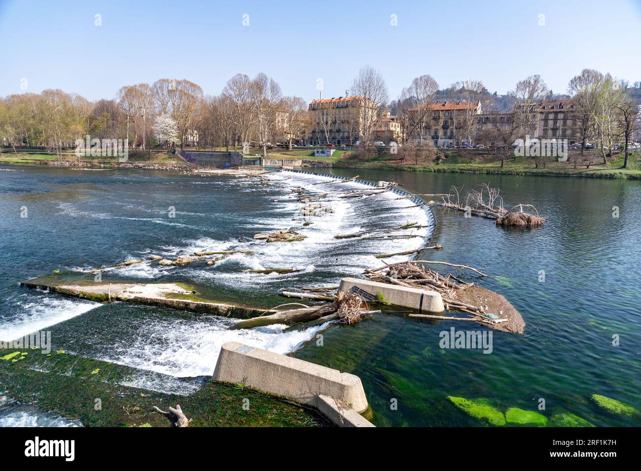 Turin, Italy - March 27, 2022: Buildings surrounding Po River, the longest river in Italy, Piedmont, Turin, Italy. Stock Photo