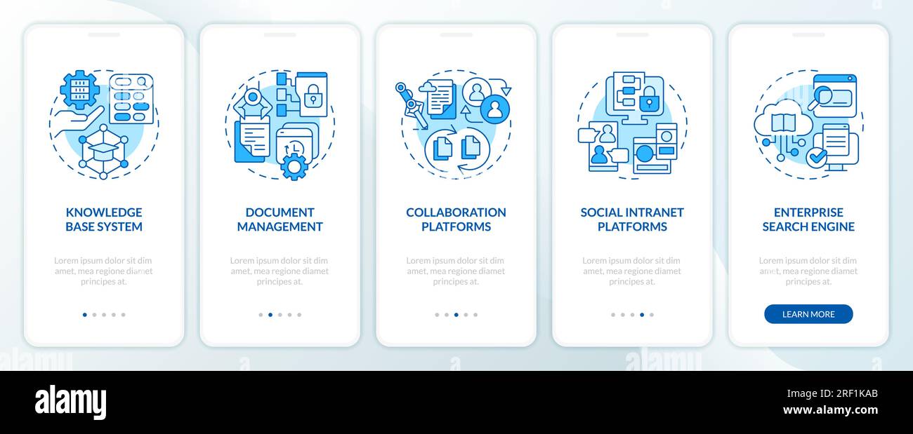 Walkthrough knowledge management with linear icons concept Stock Vector