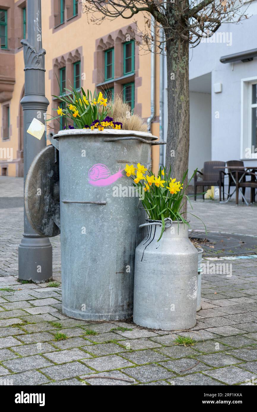 Garbage can and zinc bucket planted with flowers Stock Photo