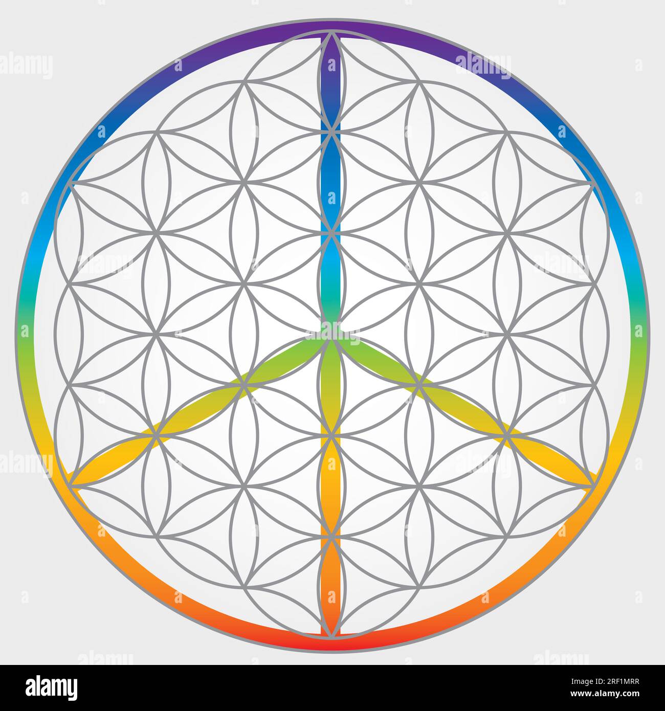 Flower of Life Symbol in Gray Colors, Cosmic Universe Energy Wheel with Peace and Love Symbol Stock Vector