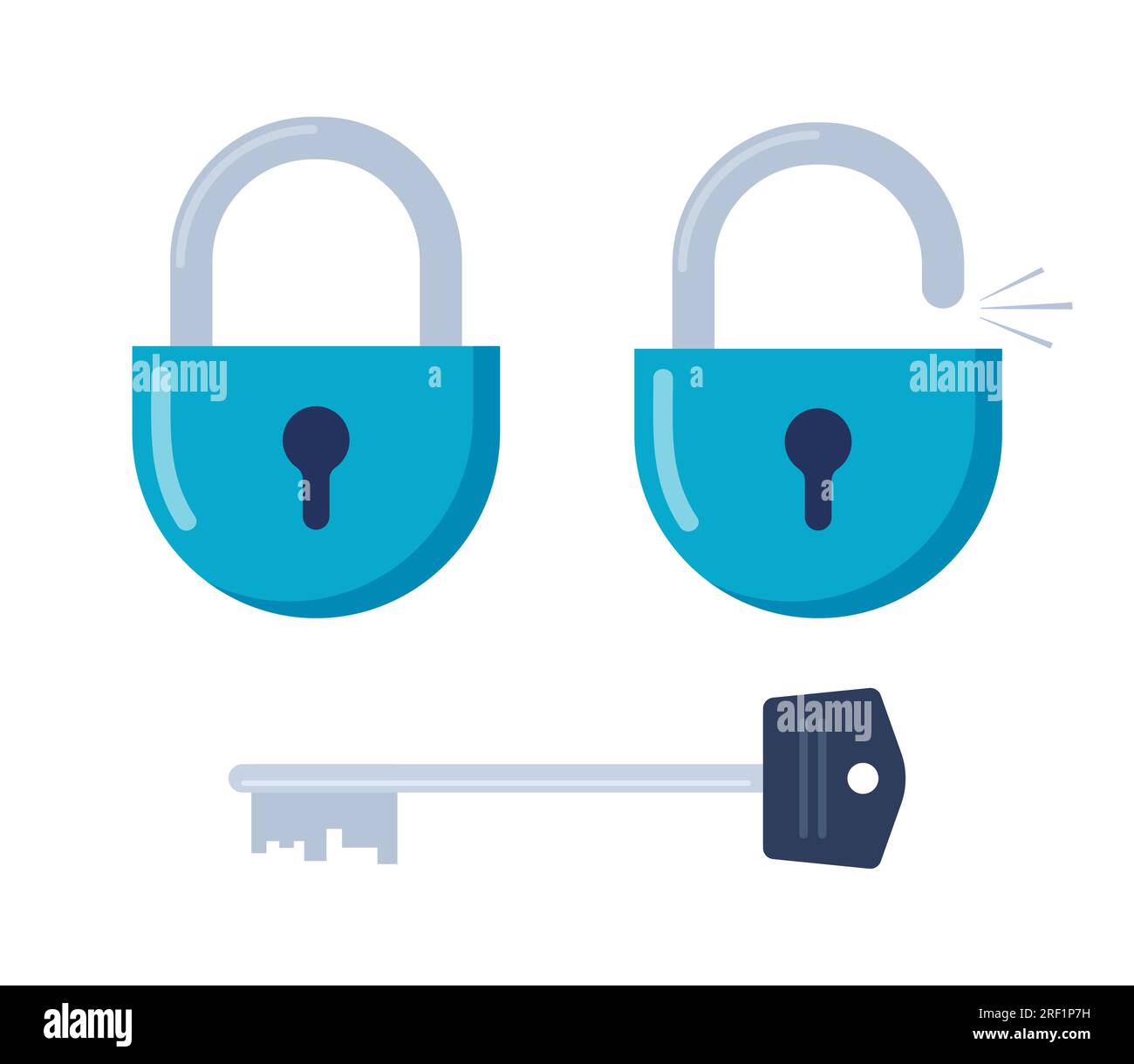 Metal key and a blue lock. Opened and locked padlock and key. Vector