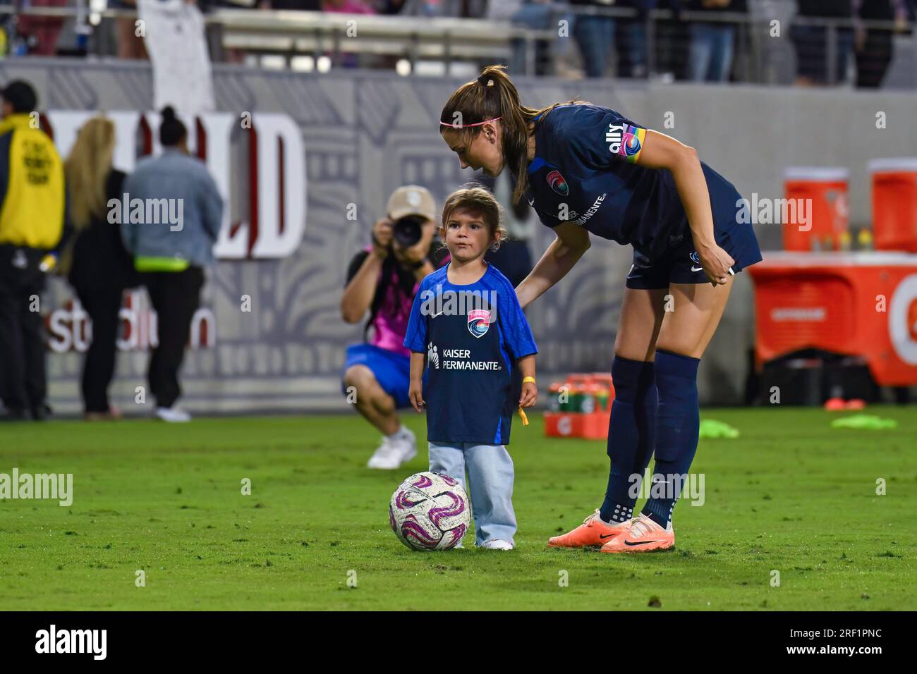 San Diego, California, USA. 24th June, 2023. San Diego Wave FC forward Alex Morgan (13) with her daughter Charlie after a NWSL soccer match between OL Reign and the San Diego Wave FC at Snapdragon Stadium in San Diego, California. Justin Fine/CSM(Credit Image: © Justin Fine/Cal Sport Media). Credit: csm/Alamy Live News Stock Photo