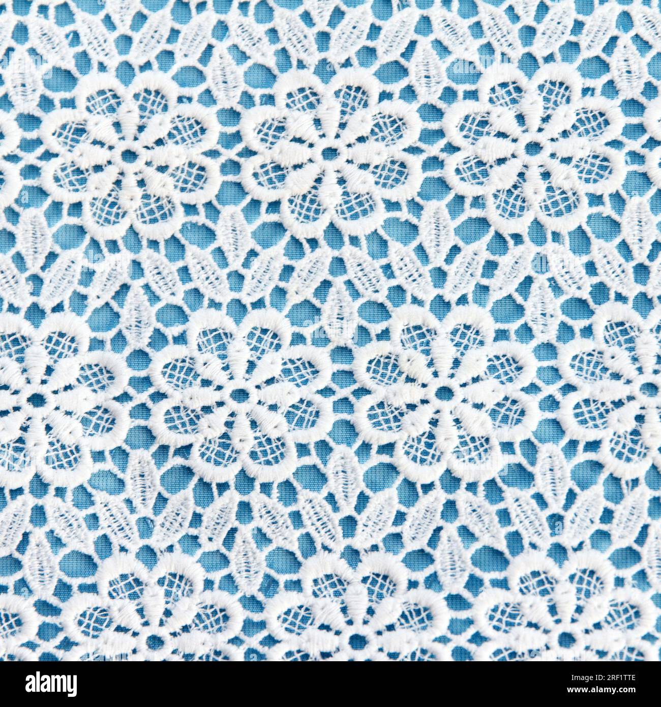 Fabric beauty double white-blue material with symmetrical pattern for tailoring tablecloths and other products Stock Photo
