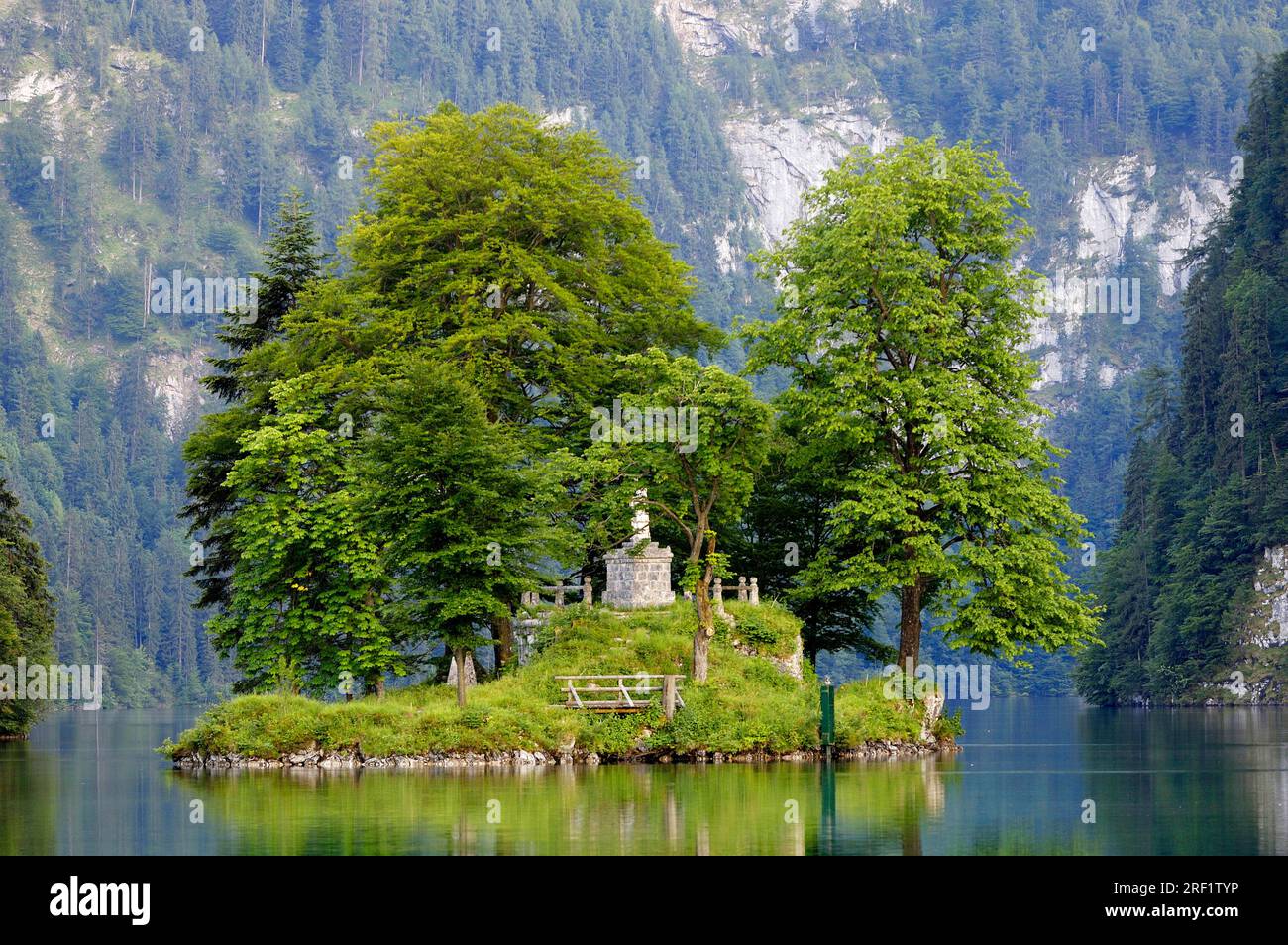 Christlieger Island with Nepomuk statue, Koenigssee, Berchtesgaden National Park, Bavaria, Germany Stock Photo