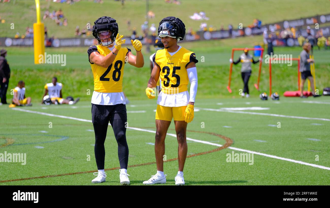 Latrobe, PA, USA. 30th July, 2023. Miles Killebrew #28, and Luq Barcoo #35 during the Pittsburgh Steelers training camp in Latrobe, PA. Jason Pohuski/CSM/Alamy Live News Stock Photo
