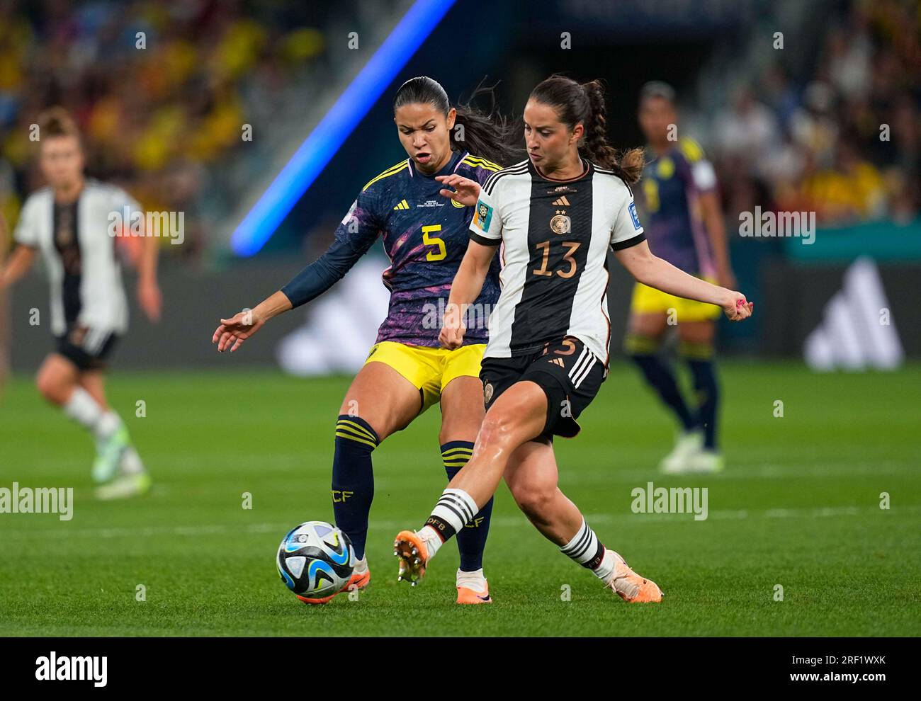 July 30 2023: Sara Daebritz (Germany) and Lorena Bedoya Durango (Colombia) battle for the ball during a game, at, . Kim Price/CSM (Credit Image: © Kim Price/Cal Sport Media) Stock Photo