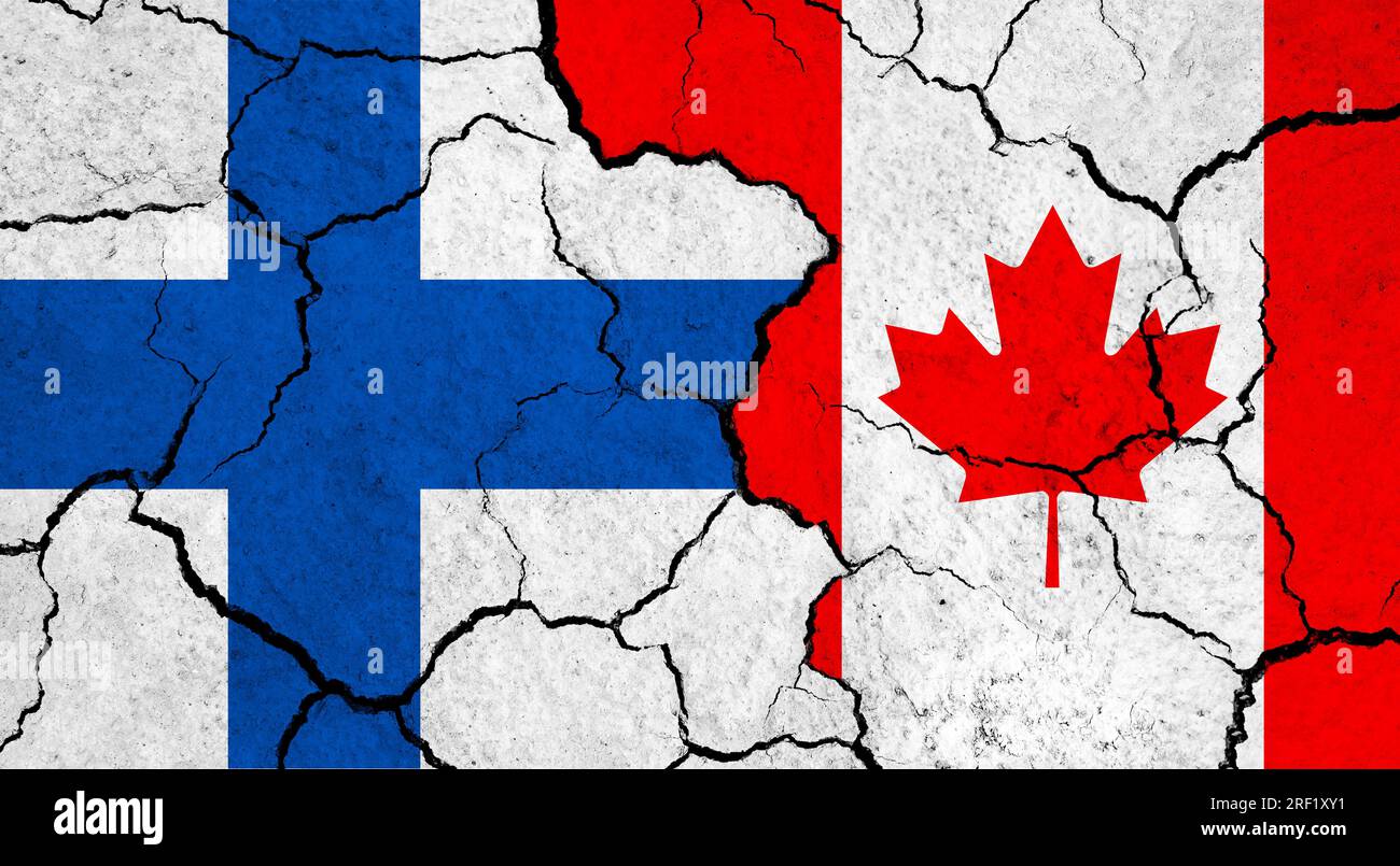 Flags of Finland and Canada on cracked surface politics, relationship