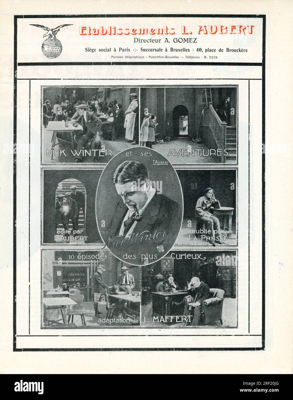 Belgian Trade Ad for GEORGES VINTER in the 10 episode French serial NICK WINTER ET SES AVENTURES (NICK WINTER AND HIS ADVENTURES) 1921 adaptation L. Maffert Les Films Nick Winter Etablissements L. Aubert Stock Photo