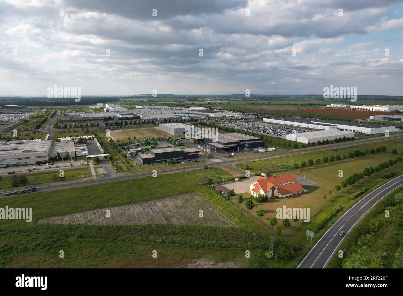 Aerial panorama landscape view of car manufactures TPCA Industrial Zone-(Toyota Peugeot Citroën Automobile) in Ovcary,big  automobile factory producti Stock Photo