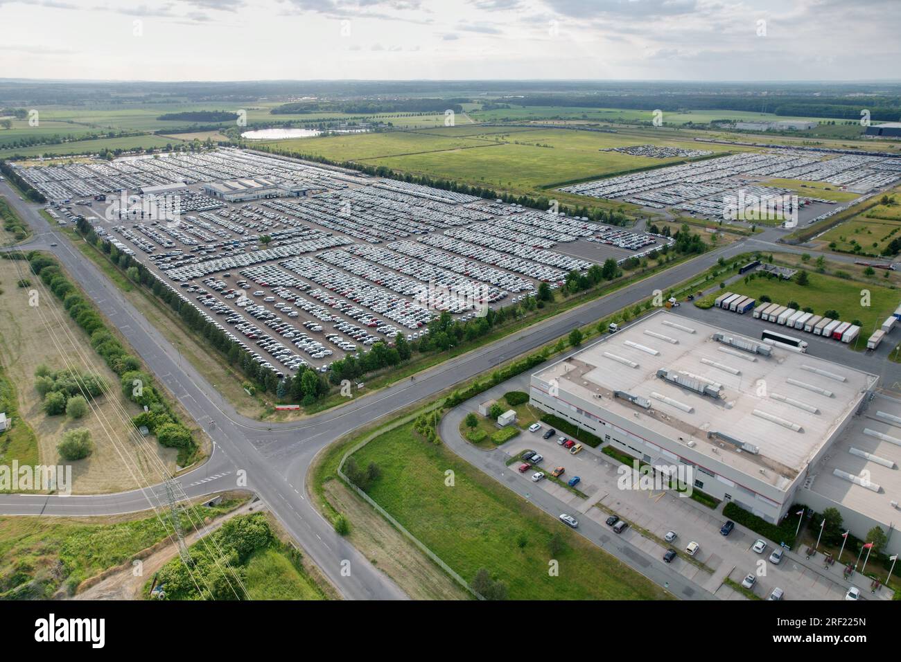 Aerial panorama landscape view of car manufactures TPCA Industrial Zone-(Toyota Peugeot Citroën Automobile) in Ovcary,big  automobile factory producti Stock Photo