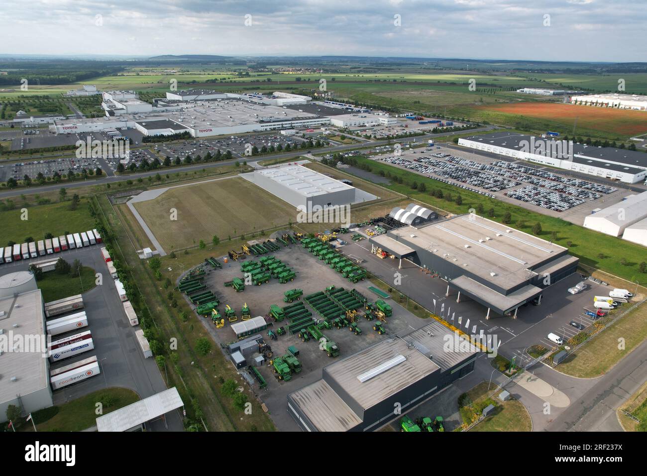 Aerial panorama landscape view of car manufactures TPCA Industrial Zone-(Toyota Peugeot Citroën Automobile) in Ovcary,big  automobile factory producti Stock Photo