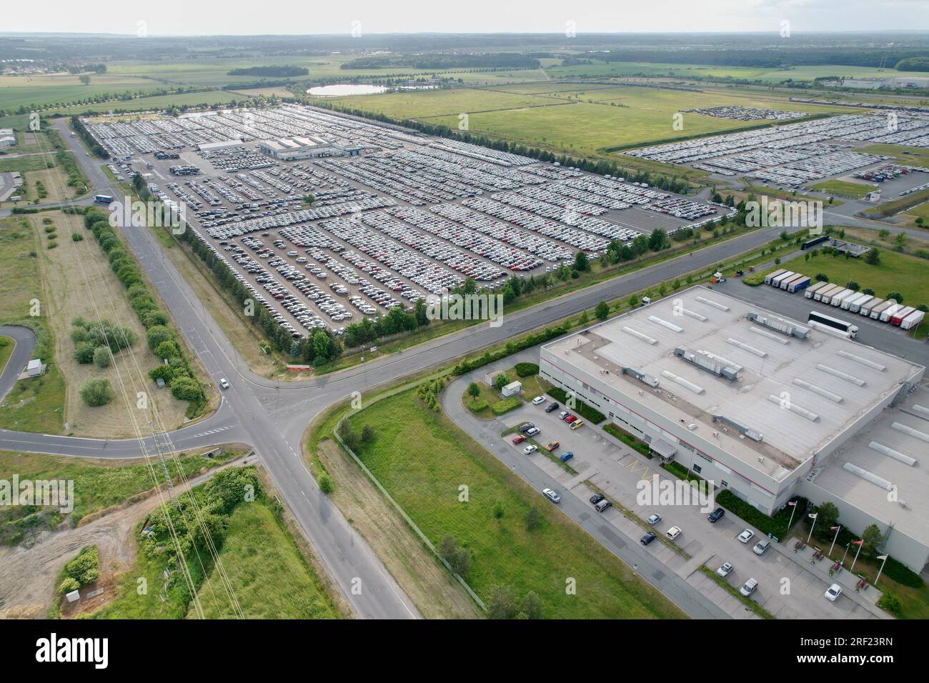 Aerial panorama landscape view of car manufactures TPCA Industrial Zone-(Toyota Peugeot Citroën Automobile) in Ovcary,big  automobile factory producti Stock Photo