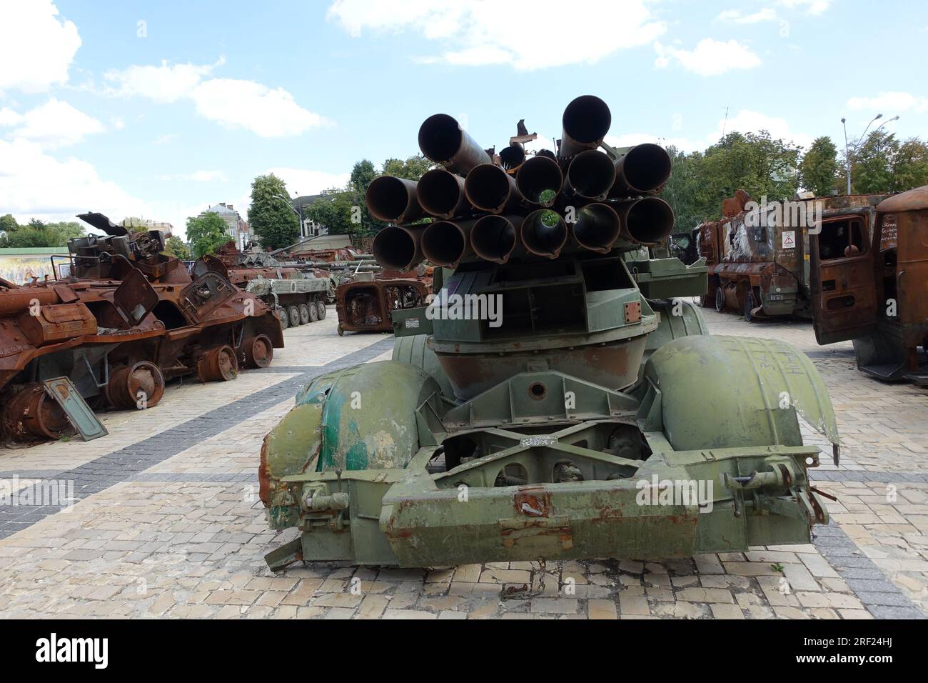 Destroyed Russian army armored vehicles are displayed in a square in central kyiv, Ukraine Stock Photo