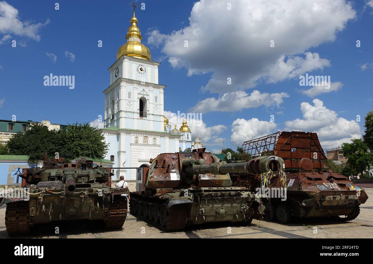 Destroyed Russian army tanks are displayed on a square in central Kyiv