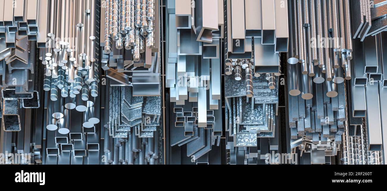 3d render image of different metal profiles and pipes Stock Photo