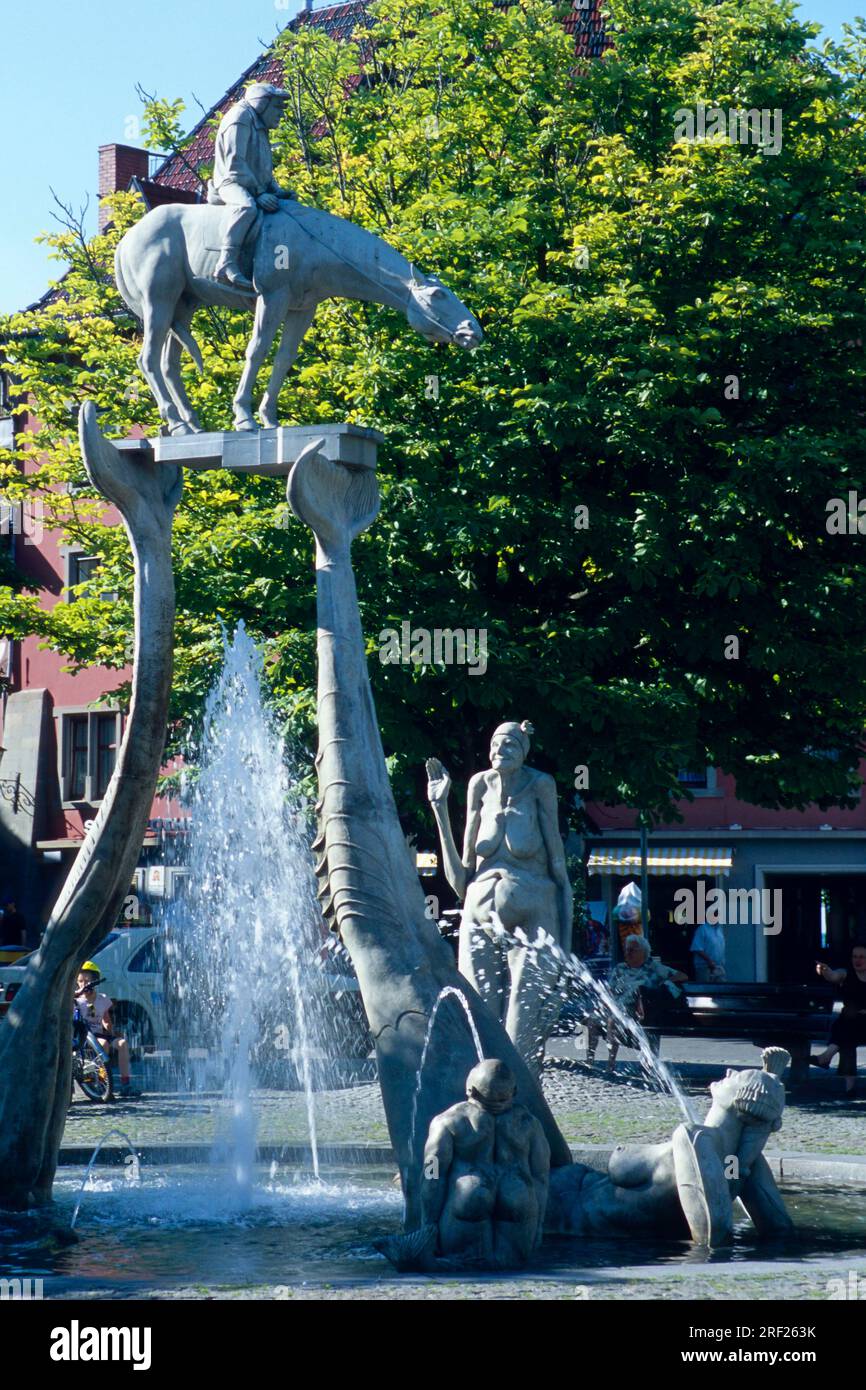 Fountain by Peter Lenk, Lenk Fountain, equestrian figure, Ueberlingen, Lake Constance, Baden-Wuerttemberg, Germany Stock Photo