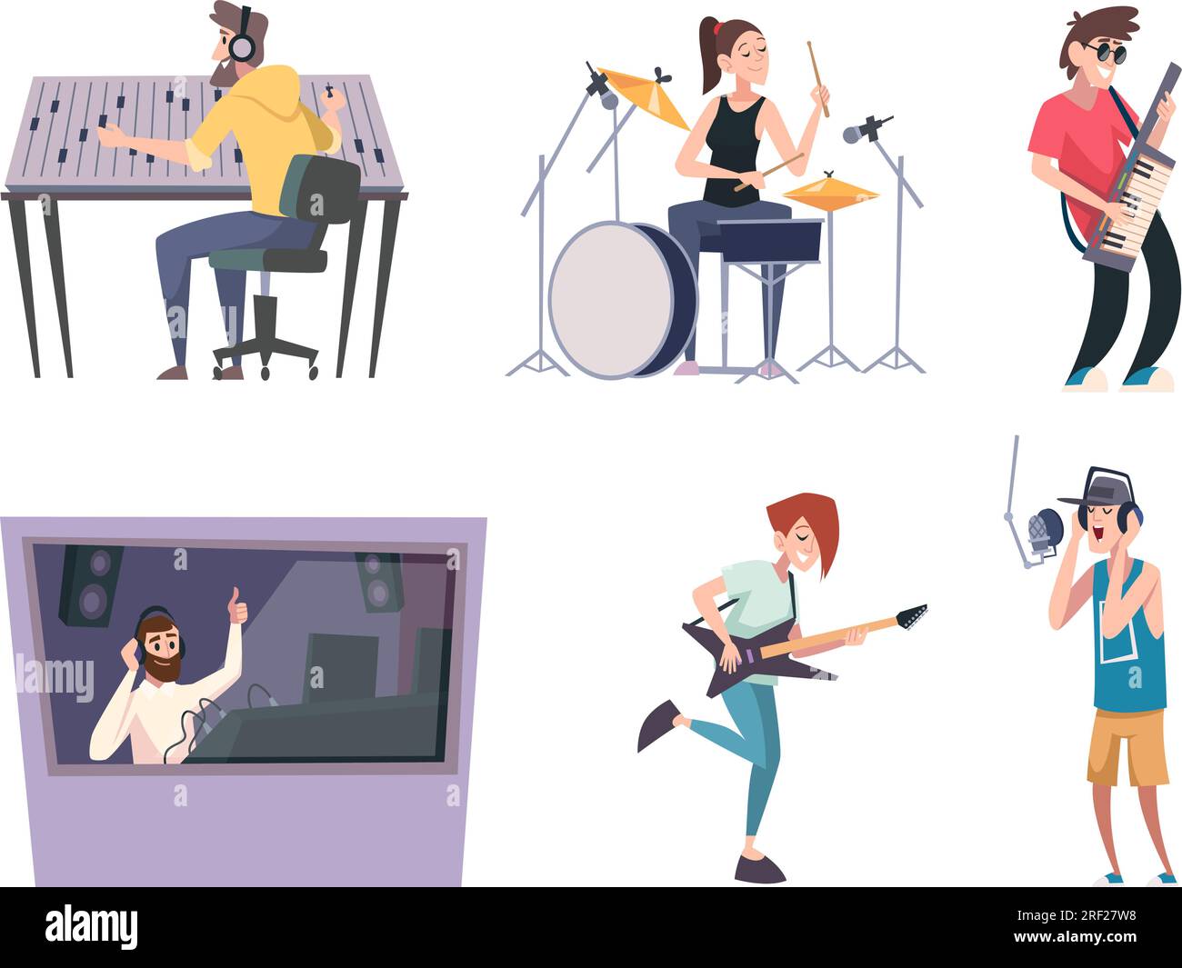 Music studio. Sound production singers at workplace exact vector cartoon characters Stock Vector