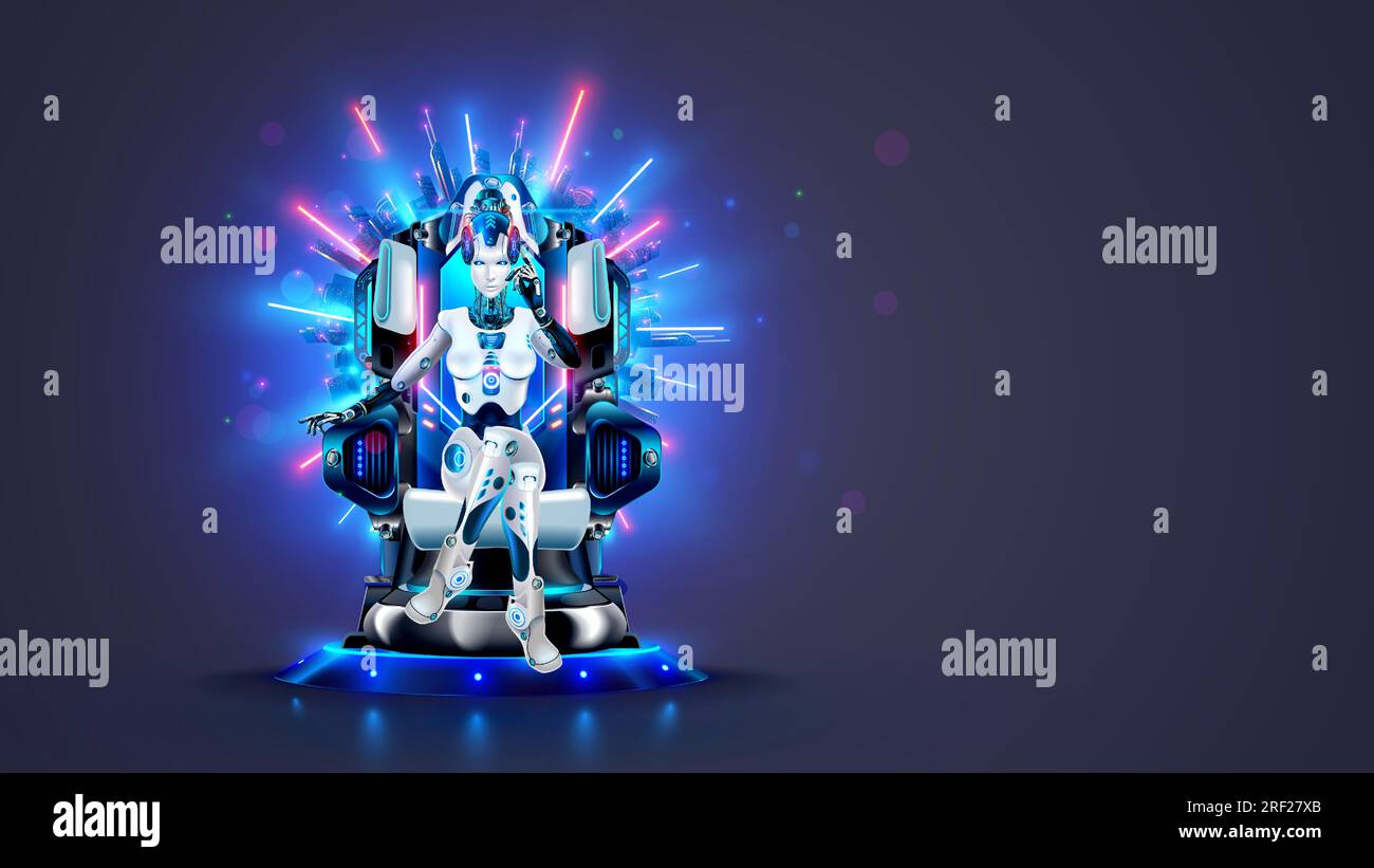 AI or artificial intelligence in image female cyborg queen. Robot woman majestic sitting on throne in neon glow. Sci-fi illustration of artificial int Stock Vector