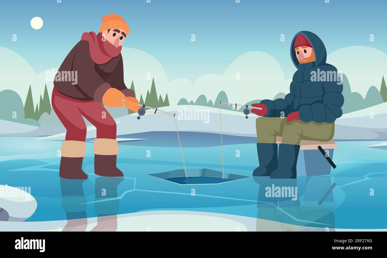 Winter fishing. Male characters with fishing rod catching fish in winter  season. Vector cartoon outdoor landscape Stock Vector Image & Art - Alamy