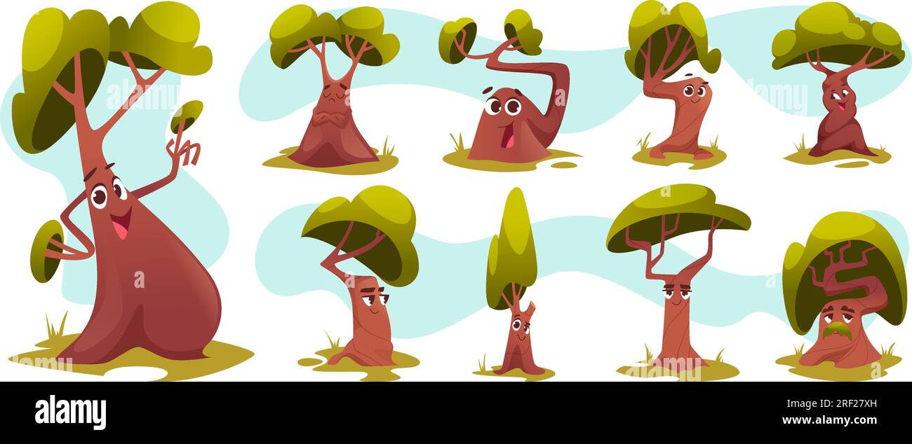 Tree character. Plants with expression faces old and young fairytale ...