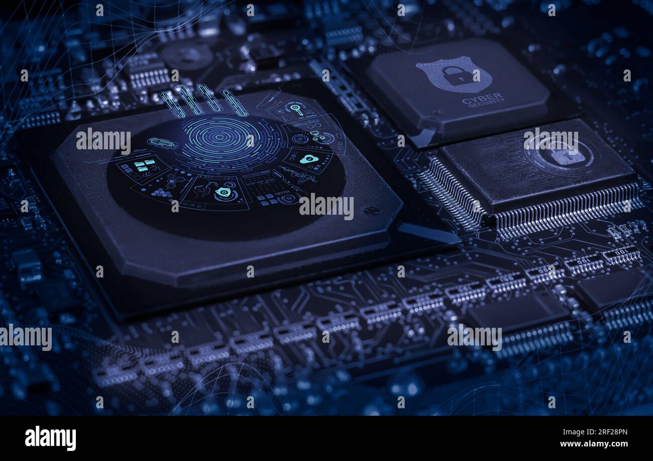 printed circuit board with active and passive surface mounted components close up. Cyber security concept Stock Photo