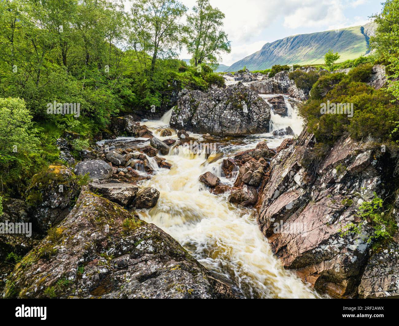 Waterfall on River Coupall from a drone, Buachaille Etive Mor, Glen Etive and River Etive