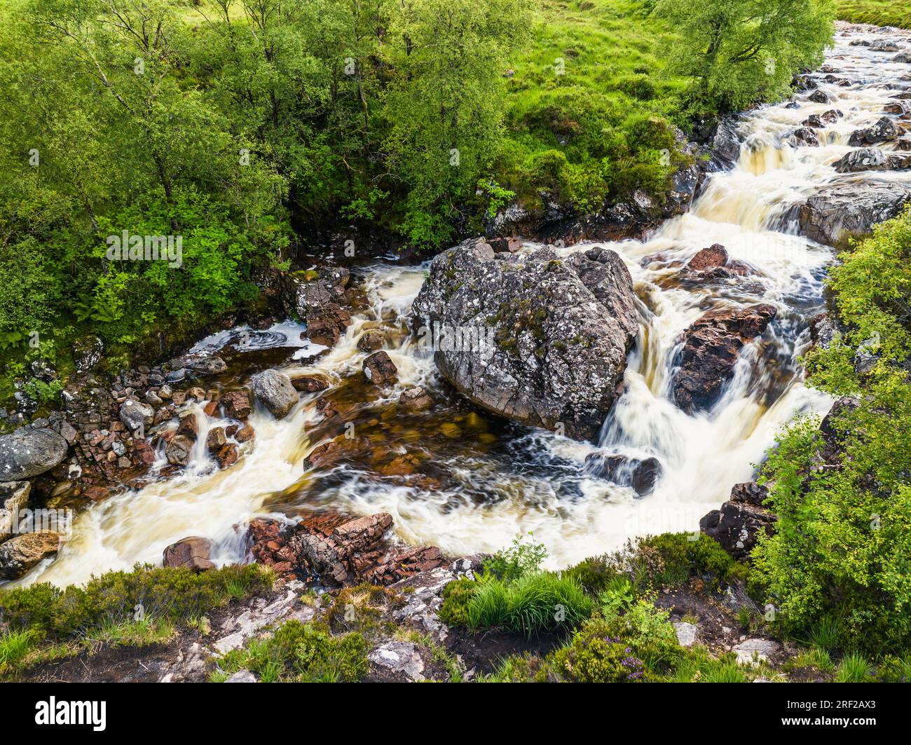 Waterfall on River Coupall from a drone, Buachaille Etive Mor, Glen Etive and River Etive