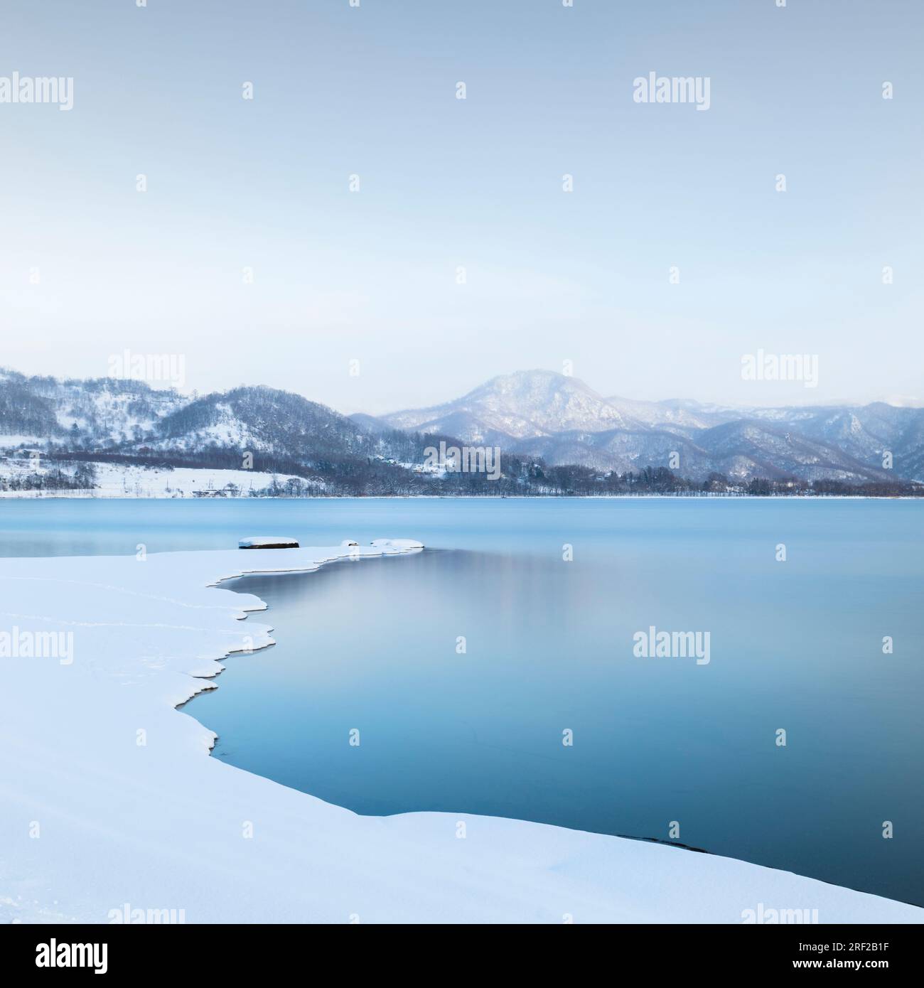 Long exposure shot of winter at lake Toya, Hokkaido, Japan Stock Photo