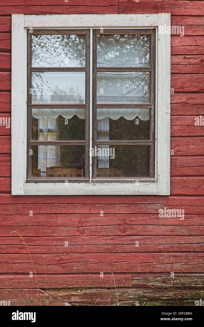 White framed window on old red painted wooden wall Stock Photo - Alamy