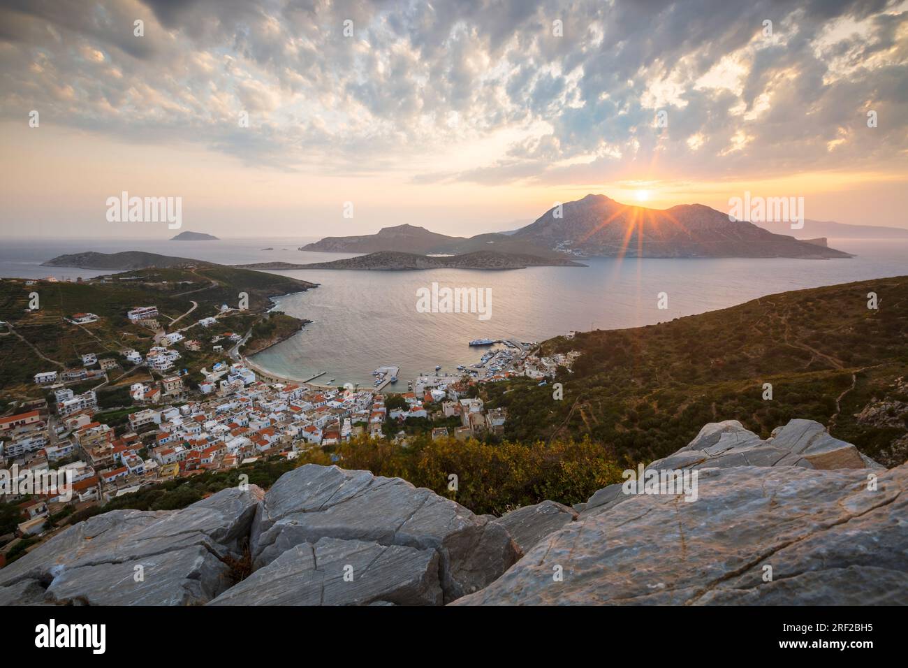 Fourni town and Thymaina island as seen from acropolis at sunset. Stock Photo