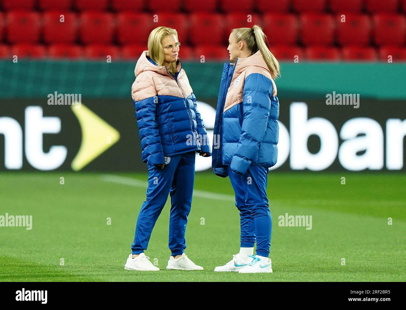 England head coach Sarina Wiegman (left) and Georgia Stanway walk the pitch at the Hindmarsh Stadium, Hindmarsh. Picture date: Monday July 31, 2023. Stock Photo