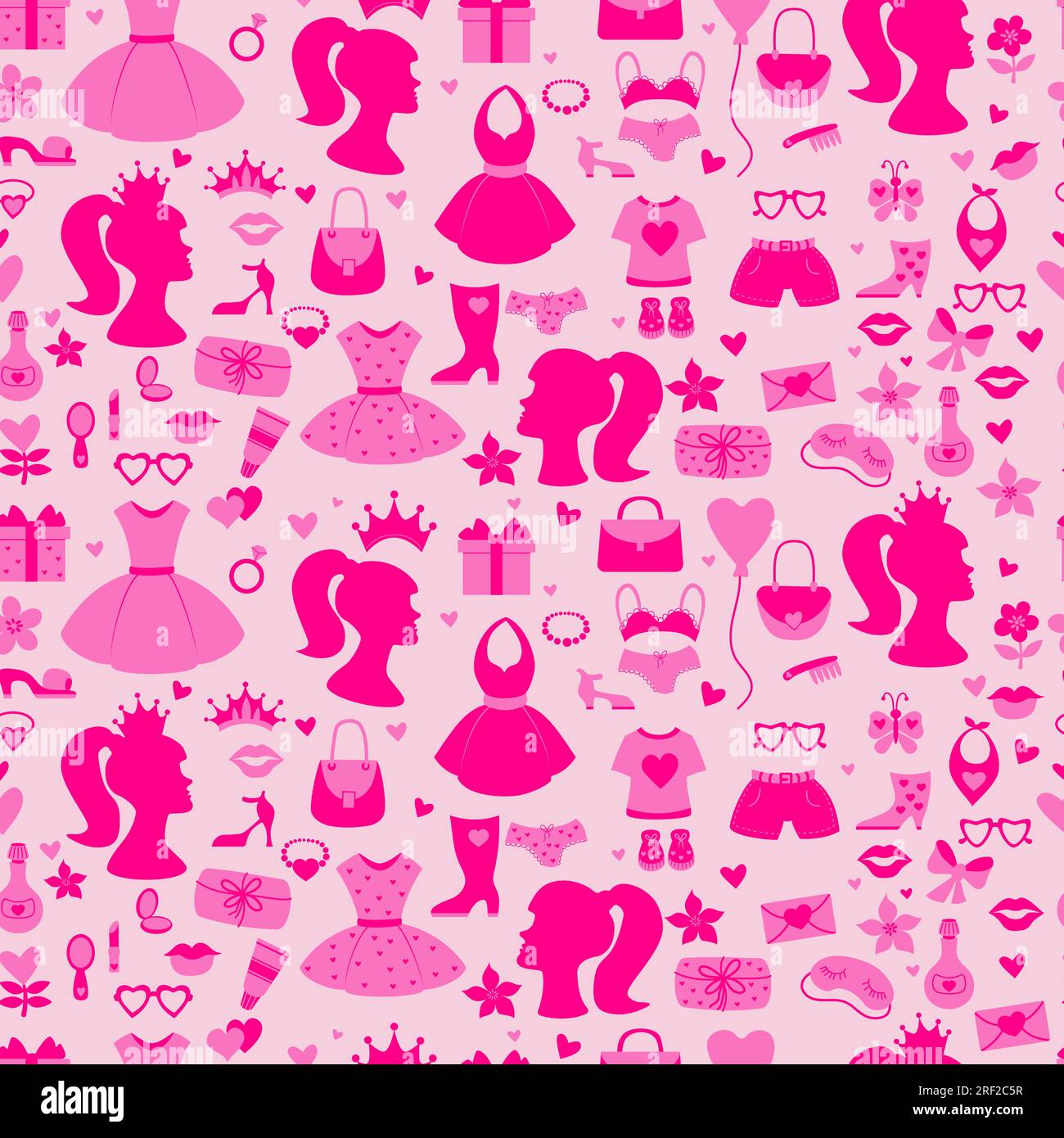 Barbiecore pink seamless pattern. Nostalgic Glamorous trendy things fashion  accessories, clothes, handbags, Feminine portrait on pink background. Vect  Stock Vector Image & Art - Alamy