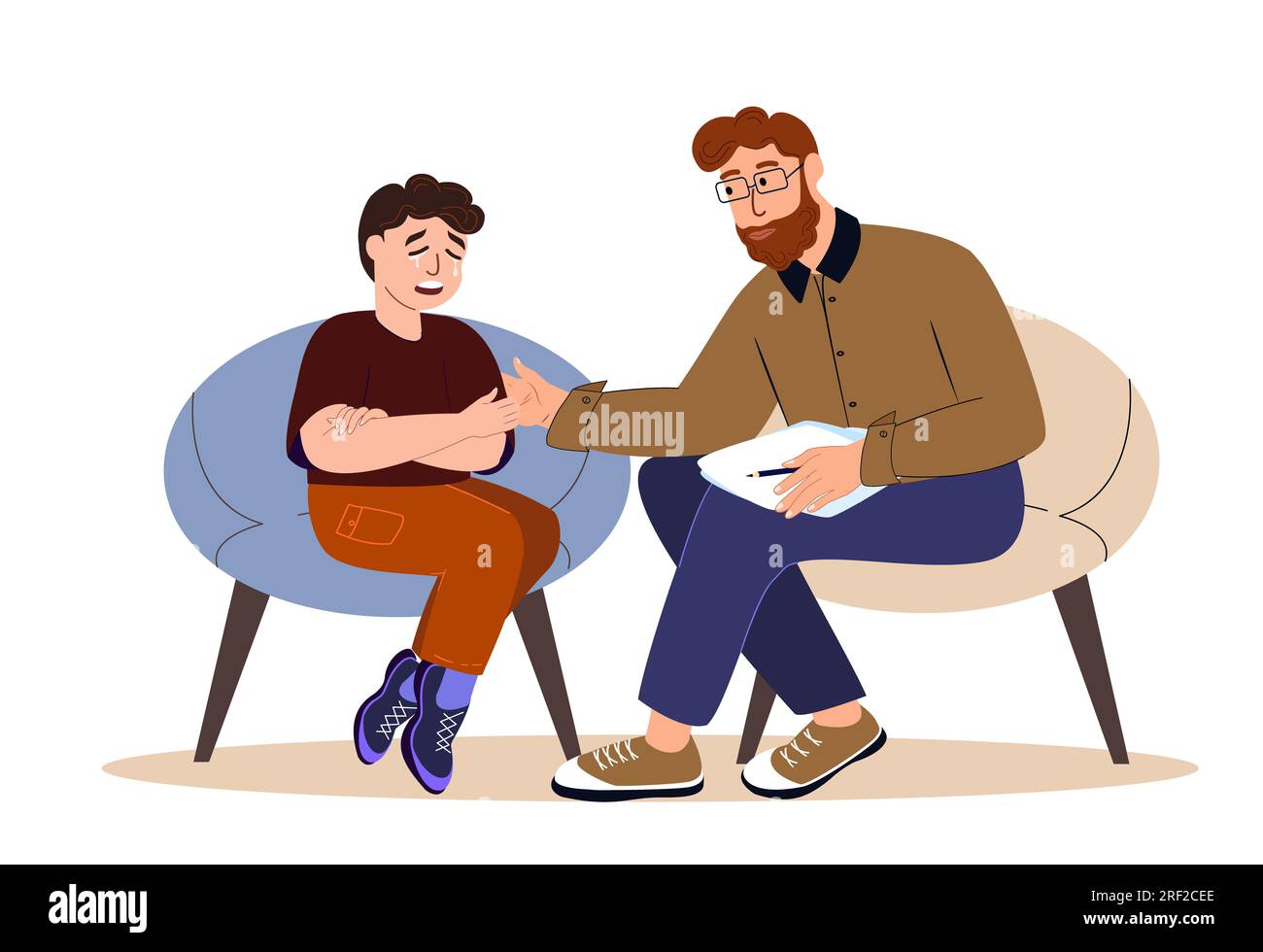 Child psychotherapist supporting , comforting Crying boy sitting the session with a psychologist.Difficult teenager crisis,psychological trauma,childr Stock Photo