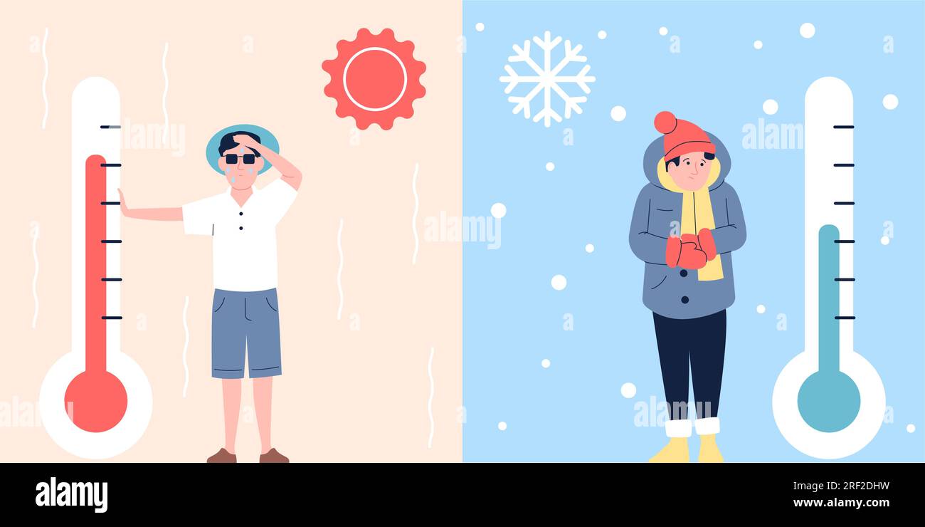 Winter and summer seasons, cold and hot weather. Flat man stand with thermometer. Different climate, coldness and heat recent vector concept Stock Vector