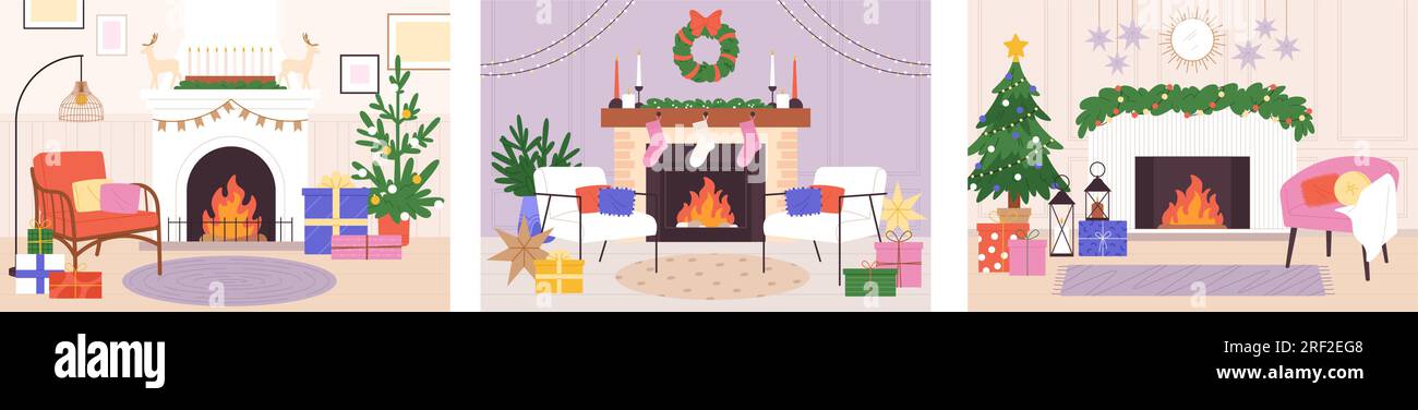 Christmas room with fireplace. Xmas atmosphere, holiday rooms interiors with gifts, chairs and decorations. Elegant winter racy vector scenes Stock Vector