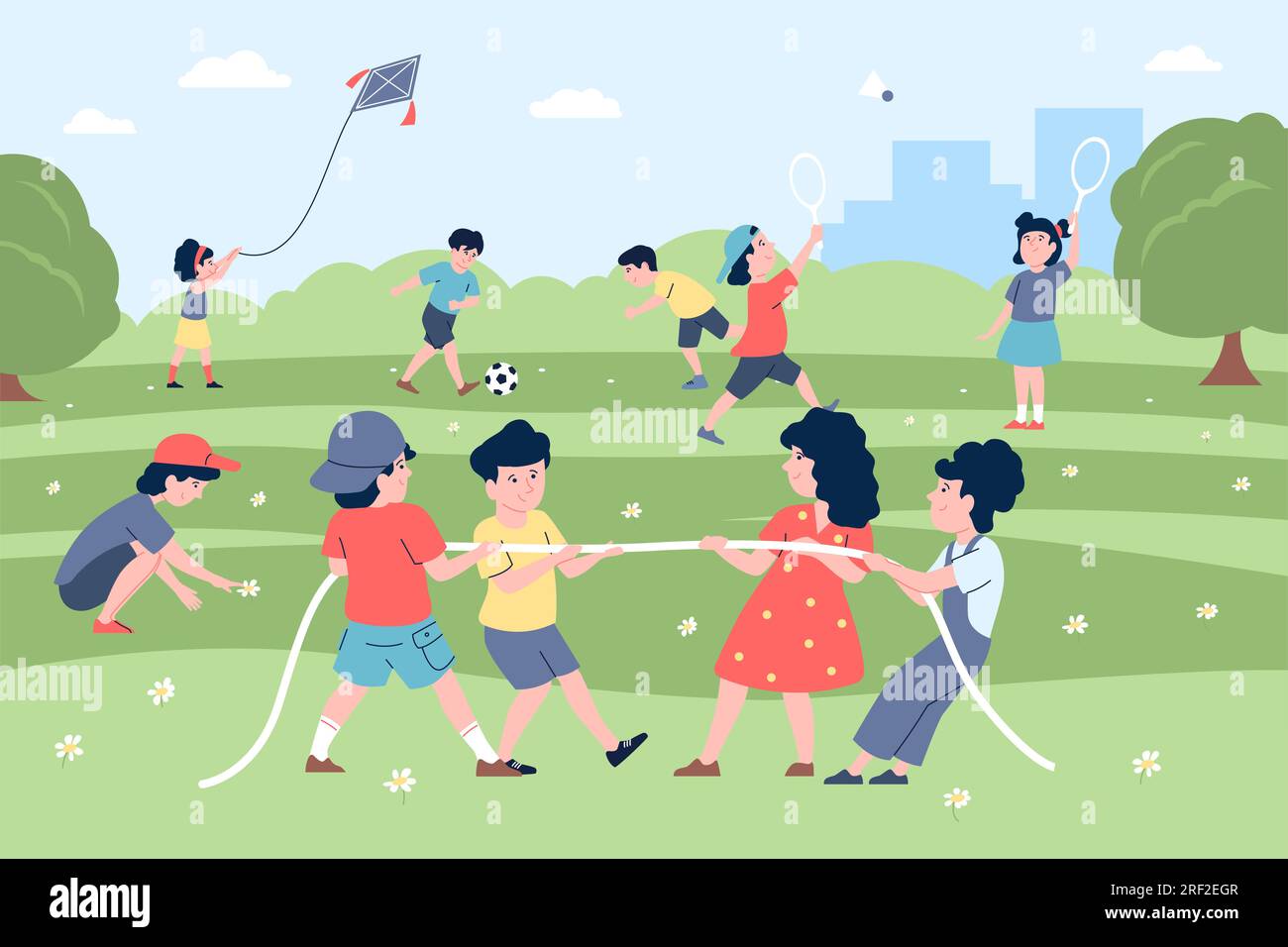 Outdoor kids tug of war, children play in park with kite and ball. Teamwork  game, pull rope for little child. Cartoon activity recent vector scene  Stock Vector Image & Art - Alamy