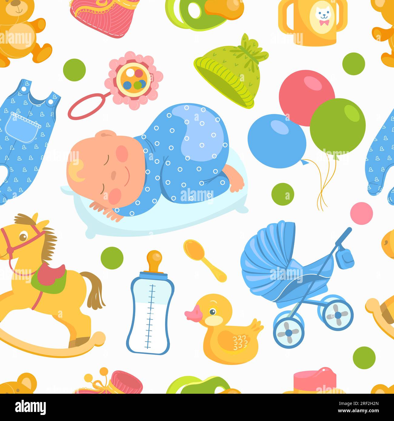 Seamless pattern baby food, pastel color, vector illustration. Infant  feeding thin line icons. Cute repeated blue texture, baby item for  packaging, baby shower card, fabric. Birthday invitation design Stock  Vector