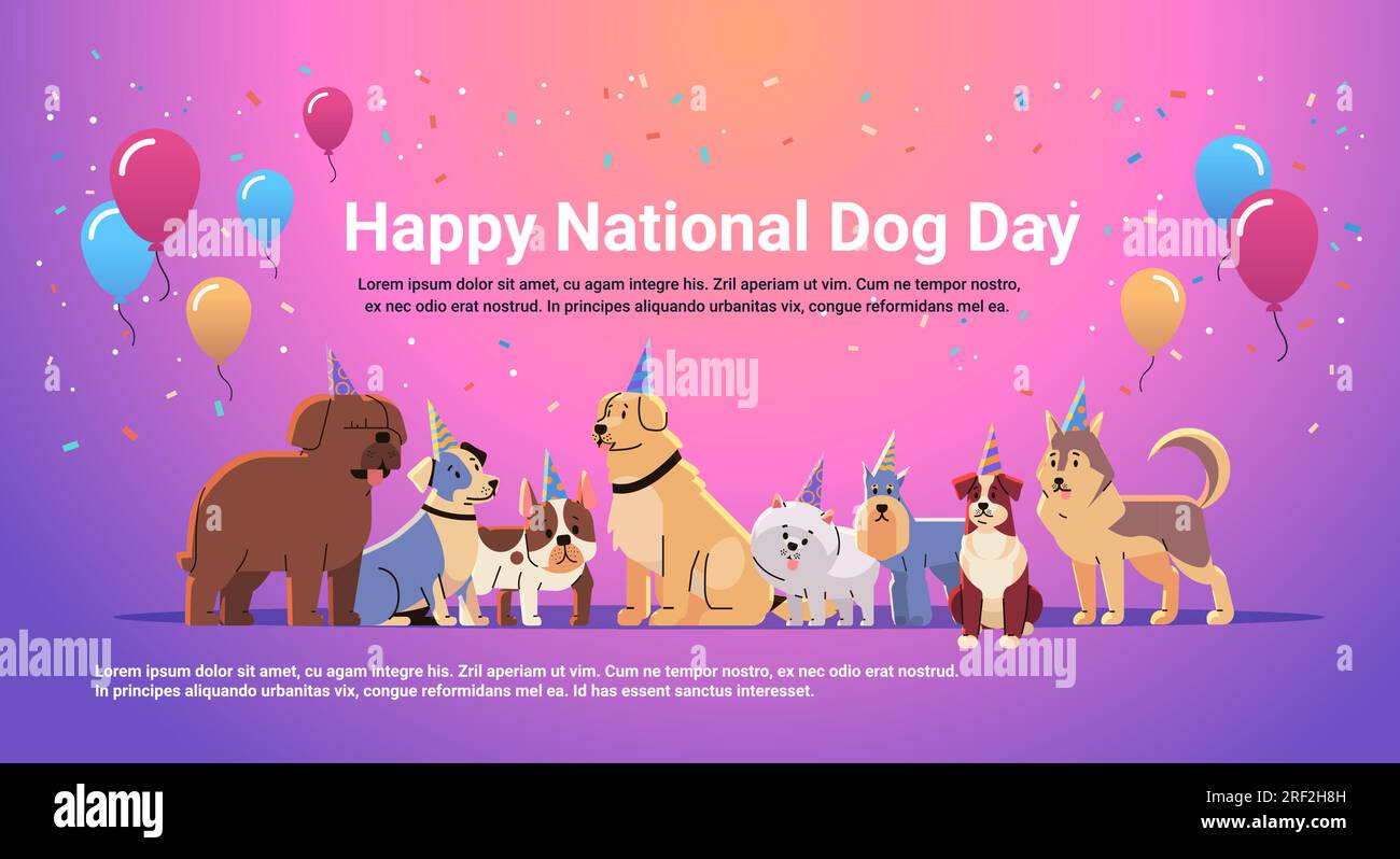 Happy national dog day greeting card various cute doggy posing in hats